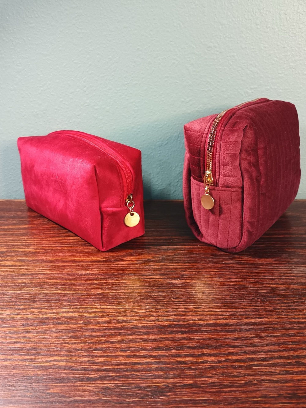 Set of 2 Red and Burgundy Velvet Cosmetic Bags